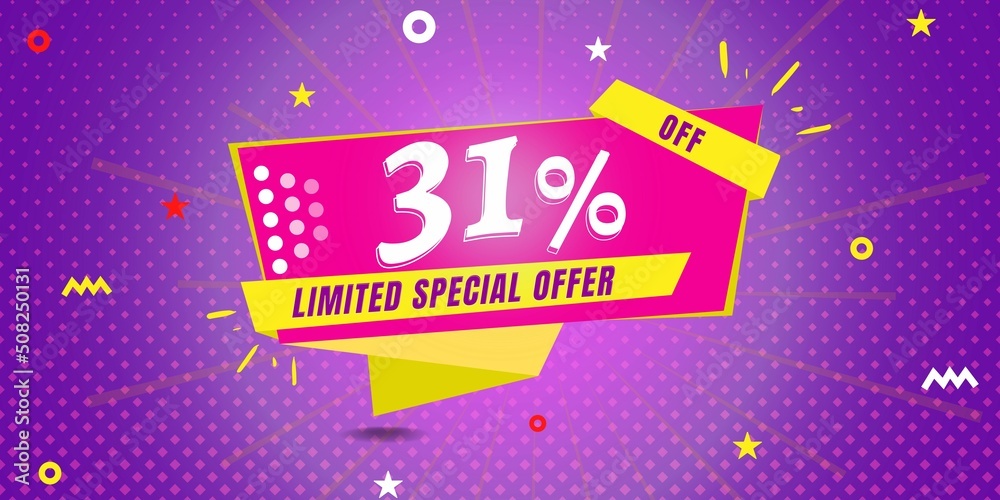31% off limited special offer. Banner with thirty one percent discount on a  purple background with yellow square and pink