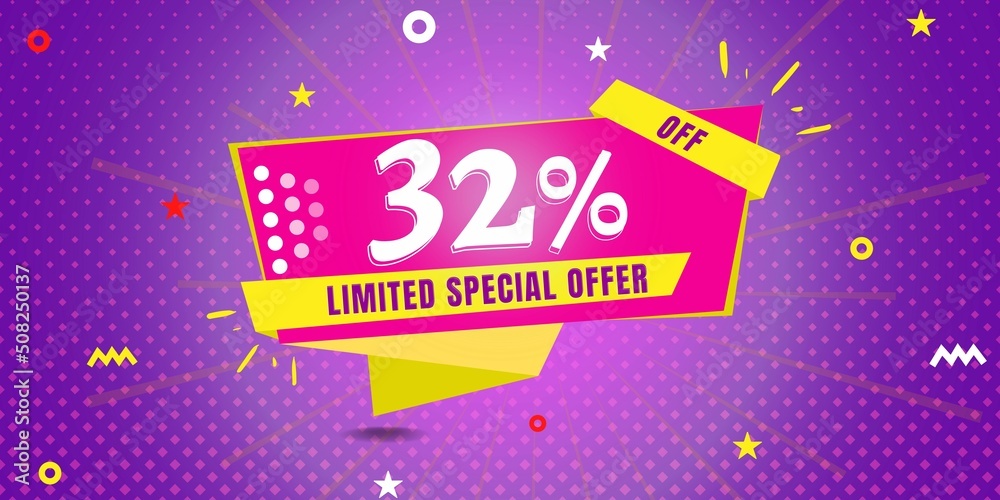32% off limited special offer. Banner with thirty two percent discount on a purple background with yellow square and pink 32% off limited special offer. Banner with thirty two percent discount on a purple background with yellow square and pink