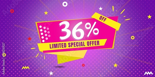 36  off limited special offer. Banner with thirty six percent discount on a  purple background with yellow square and pink
