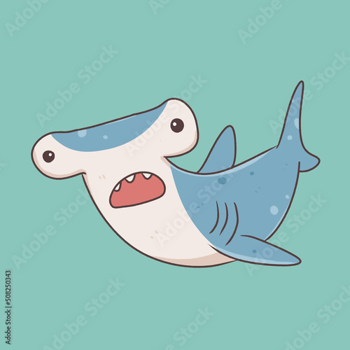 cute hammerhead shark fish cartoon character, sea animal underwater illustration and vector