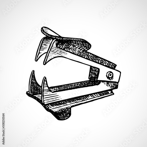 Staple remover stationery equipment for office papers. Isolated icon of anti stapler for removing staples from office documents. Vector sketch illustration isolated on white