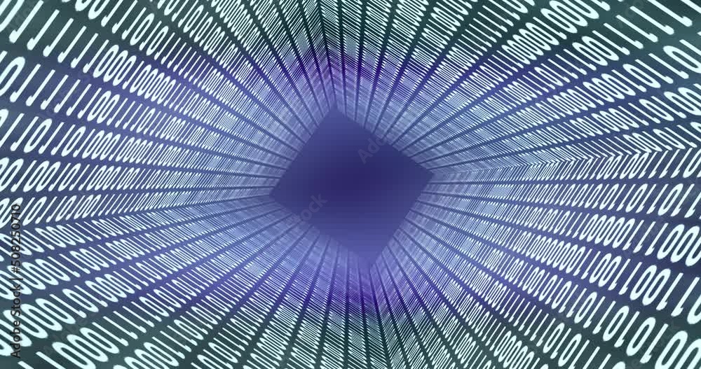 The camera flies through a rotating tunnel composed of binary numbers and ends on a black background with space for the title.