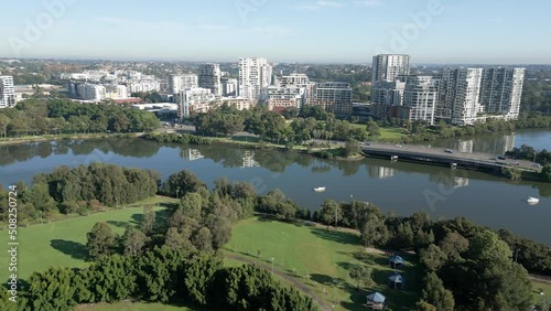 Cahill Park at Tempe, Wolli Creek in Sydney Australia. Aerial backward or reverse reveal shot photo