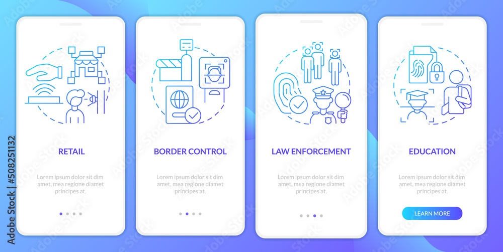 Biometric technology implementation blue gradient onboarding mobile app screen. Walkthrough 4 steps graphic instructions with linear concepts. UI, UX, GUI template. Myriad Pro-Bold, Regular fonts used