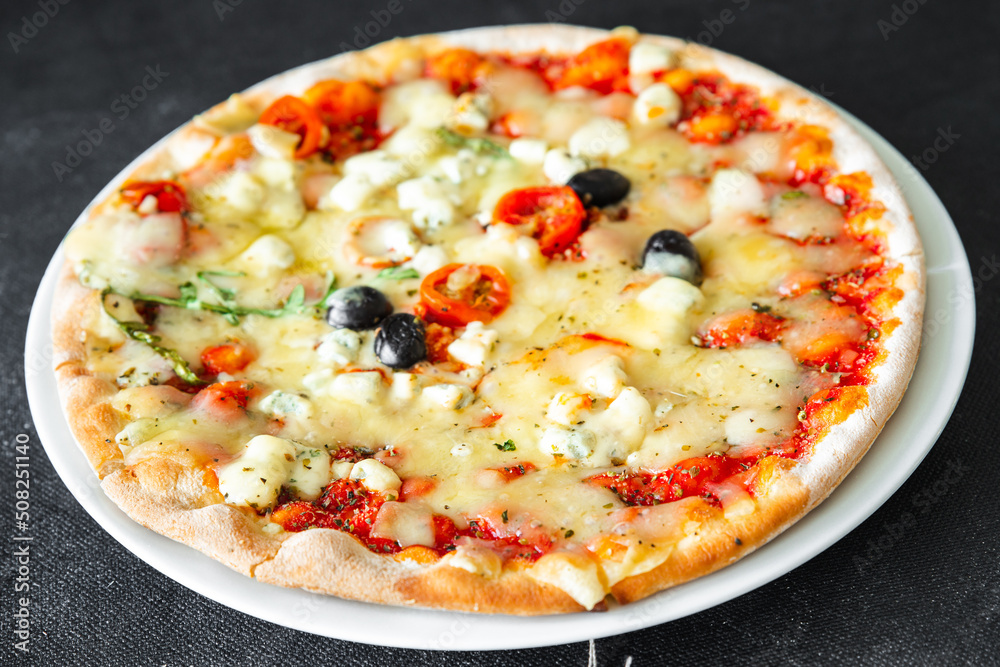 pizza cheese, tomato sauce, olives, vegetable fresh meal food snack on the table copy space food background rustic top view pizza cheese, tomato sauce, olives, vegetable fresh meal food snack on the table copy space food background rustic top view