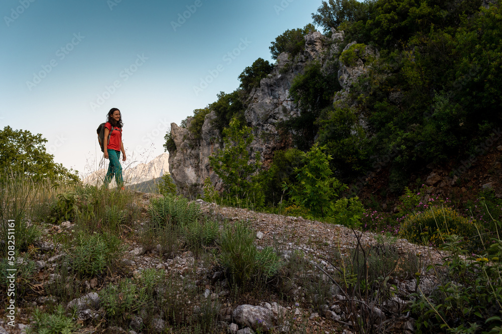 A young woman with a backpack looks at the valley