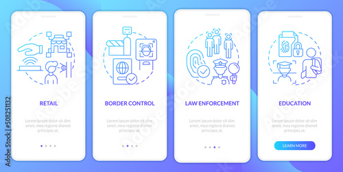 Biometric technology implementation blue gradient onboarding mobile app screen. Walkthrough 4 steps graphic instructions with linear concepts. UI, UX, GUI template. Myriad Pro-Bold, Regular fonts used