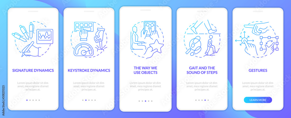 Behavioral measurements blue gradient onboarding mobile app screen. Walkthrough 3 steps editable graphic instructions with linear concepts. UI, UX, GUI template. Myriad Pro-Bold, Regular fonts used