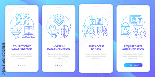 Winning customer trust blue gradient onboarding mobile app screen. Digital data walkthrough 4 steps graphic instructions with linear concepts. UI, UX, GUI template. Myriad Pro-Bold, Regular fonts used