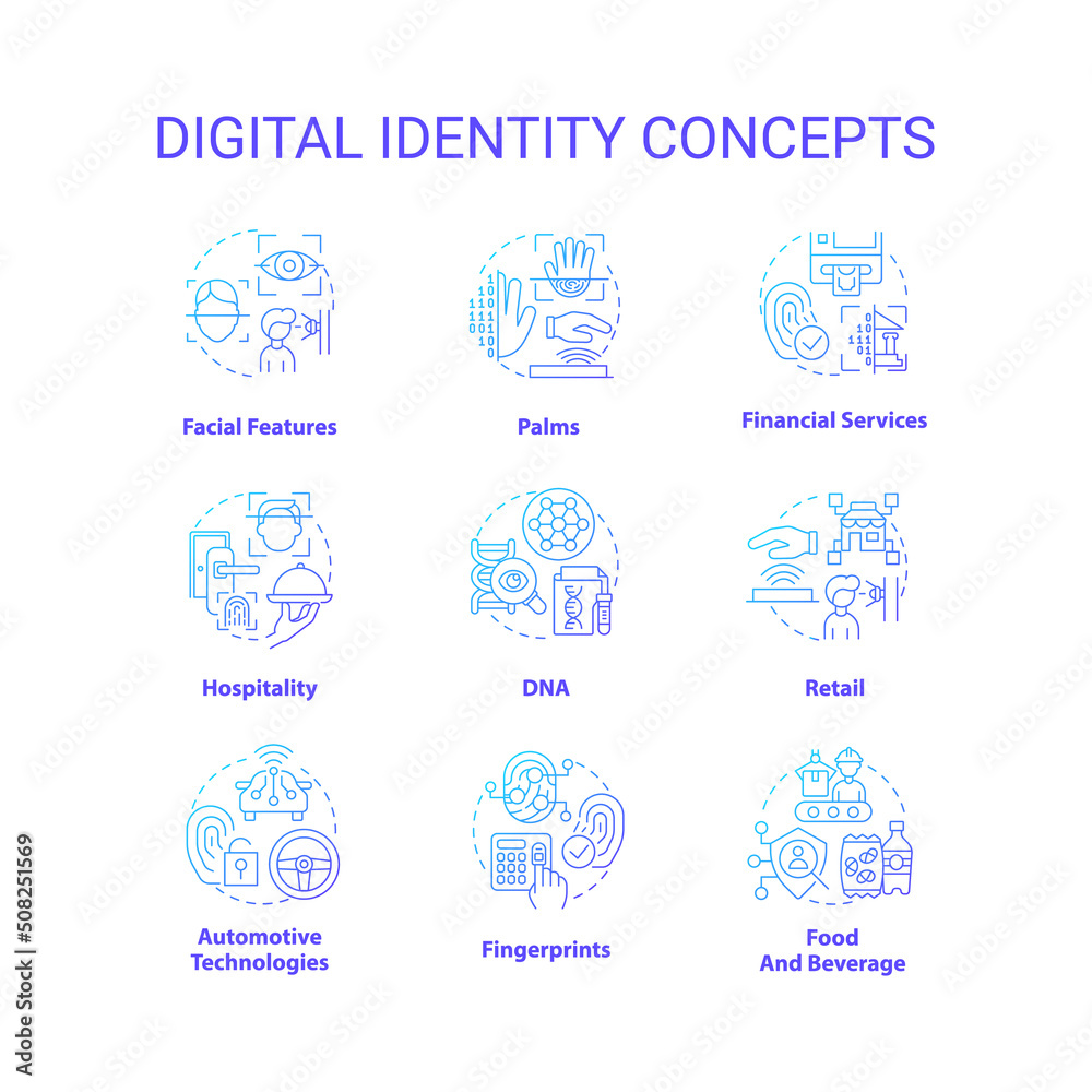 Digital identity blue gradient concept icons set. Biometric technology idea thin line color illustrations. Personal information. Isolated symbols. Roboto-Medium, Myriad Pro-Bold fonts used