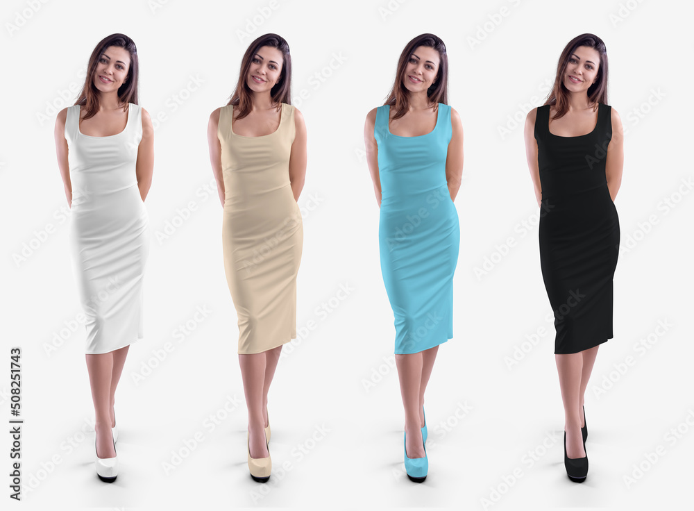 Mockup of a white, black, blue, nude dress of medium length, a tight-fitting sundress on a posing girl in heels, for design, advertising, front. Set. Mockup of a white, black, blue, nude dress of medium length, a tight-fitting sundress on a posing girl in heels, for design, advertising, front. Set.