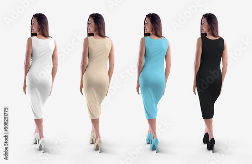 Mockup of a knee-length tight-fitting sundress, on a slender dark-haired girl, isolated on a background, back.