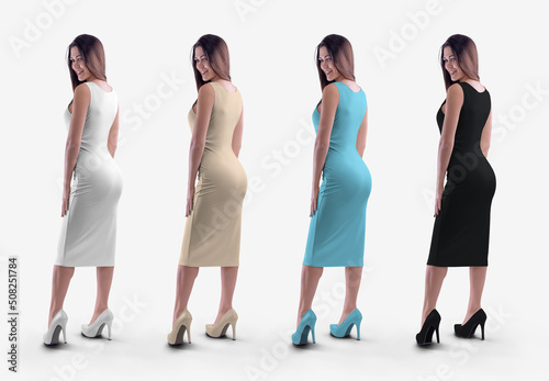 Fotografija Mockup of a knee-length tight sundress, on a girl in high heels, back view, isolated on background