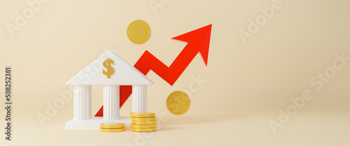 Increasing arrow and stack of money as financial saving rising concept on white podium, increasing of interest rates, financial concept and business profit growth concept, 3d rendering illustration.