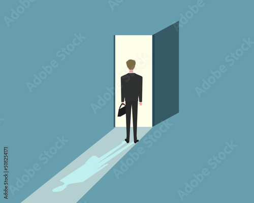 Businessman walking into the opened door. New challenge, career, opportunities and  success. Man in suit. Vector illustration  