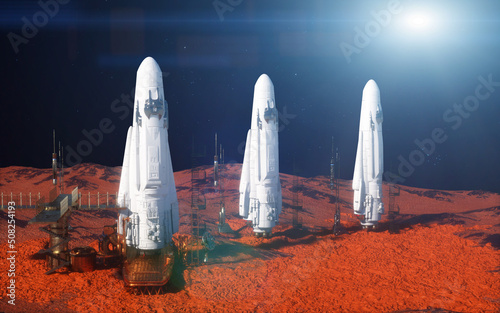 Fototapeta Naklejka Na Ścianę i Meble -  spaceship rocket lands on a space station on Mars 3d render