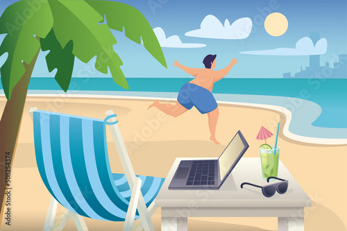 Man relaxing at seaside resort concept in flat cartoon design. Happy guy runs to ocean, rests in lounger under palm tree and works online with laptop. Vector illustration with people scene background