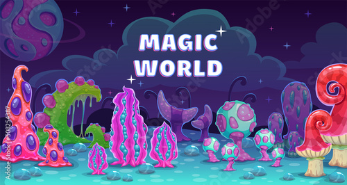 Fantasy cartoon alien world landscape. Magic scene