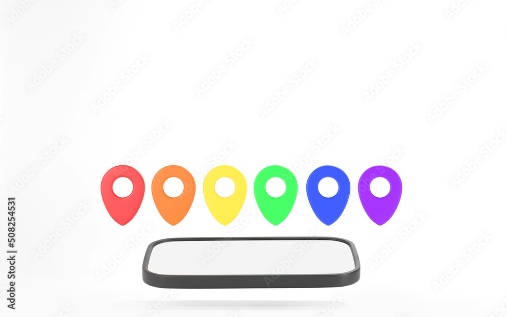 Pin pointer gps colorfull LGBTQ concept with Smartphone white screen on white bcakground. Location Travel concept. Minimal cartoon. 3D render illustration Pin pointer gps colorfull LGBTQ concept with Smartphone white screen on white bcakground. Location Travel concept. Minimal cartoon. 3D render illustration
