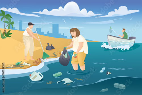 People collecting garbage on beach concept in flat cartoon design. Men and women picking up trash to bags, volunteer on boat gathering waste in water. Vector illustration with people scene background