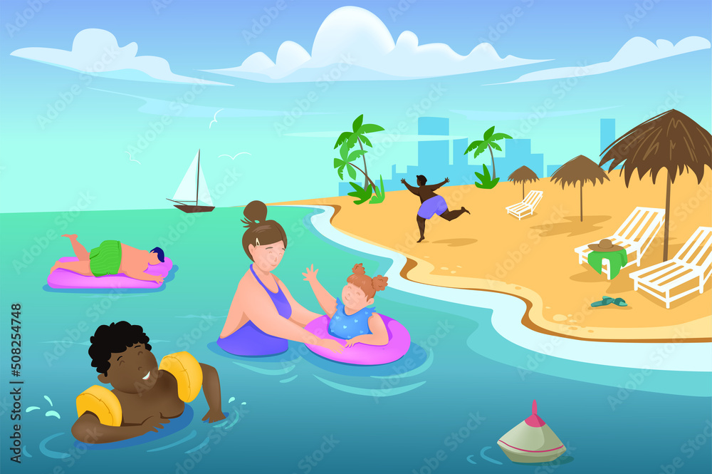 Family swimming in sea concept in flat cartoon design. Mom teaches daughter to swim, boy plays in water and relaxes at seaside resort. Go on vacation. Vector illustration with people scene background