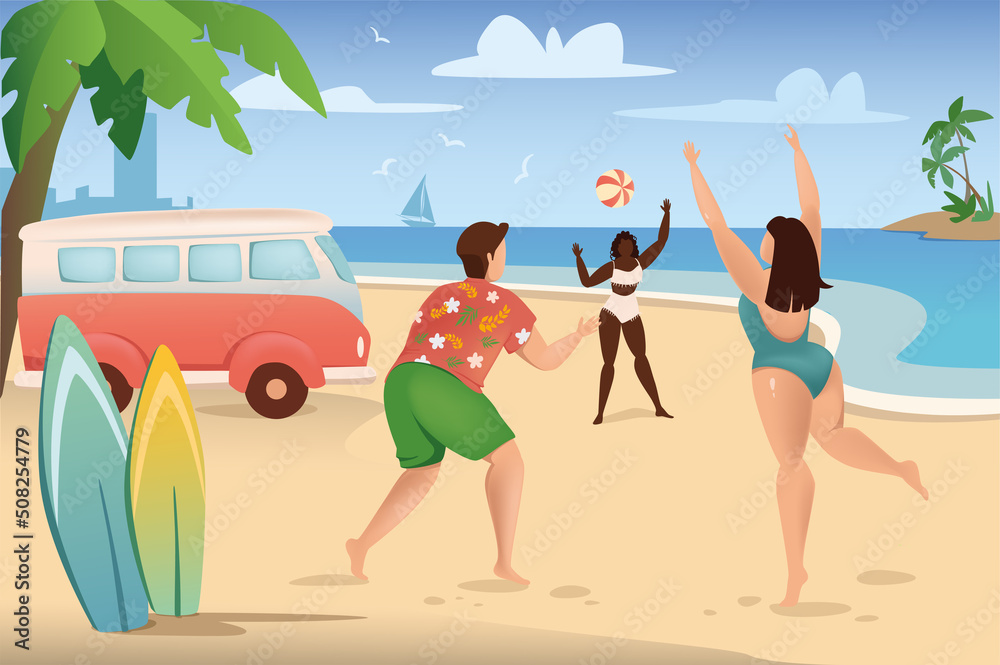 People playing volleyball on beach concept in flat cartoon design. Man and women throw ball and playing on seashore. Friends go on vacation at sea. Vector illustration with people scene background