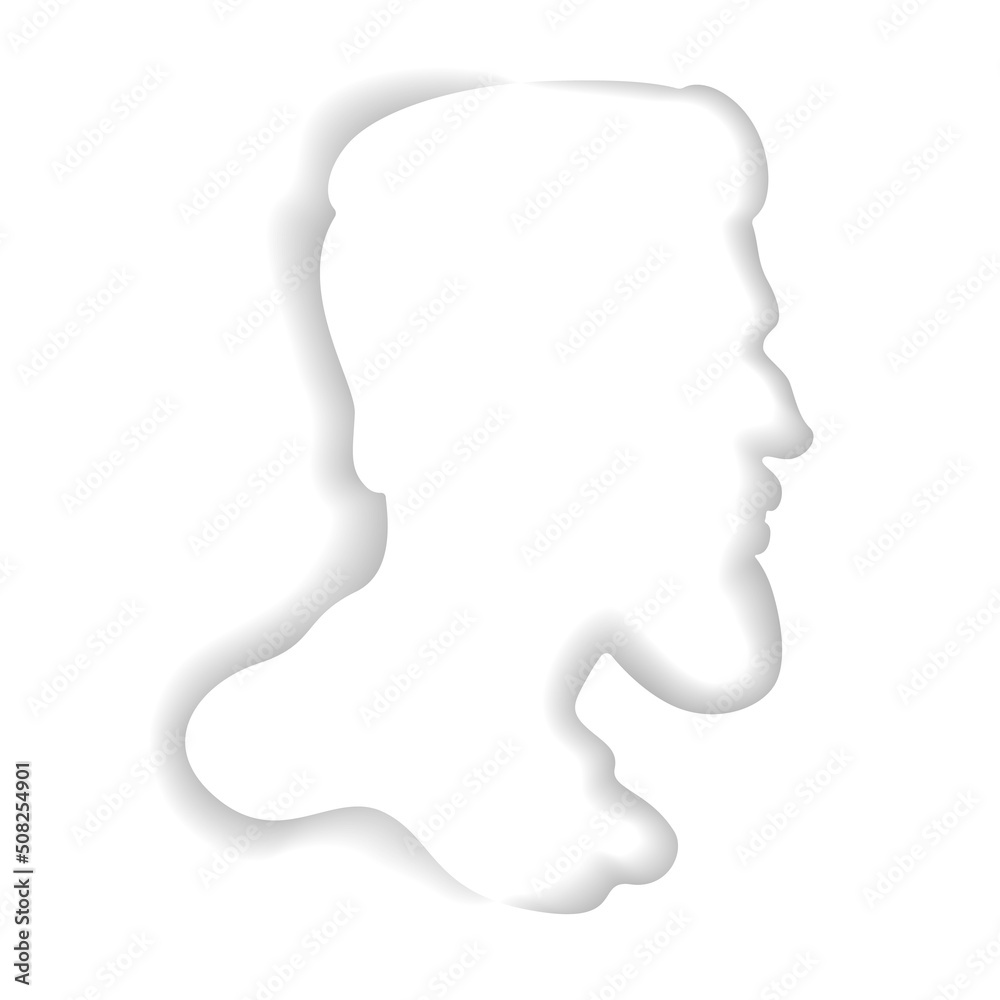 Bearded man.Paper cut style.Face silhouette.Portrait of a male character.Male face in profile.Origami silhouette.Artistic illustration of craft paper cut design.