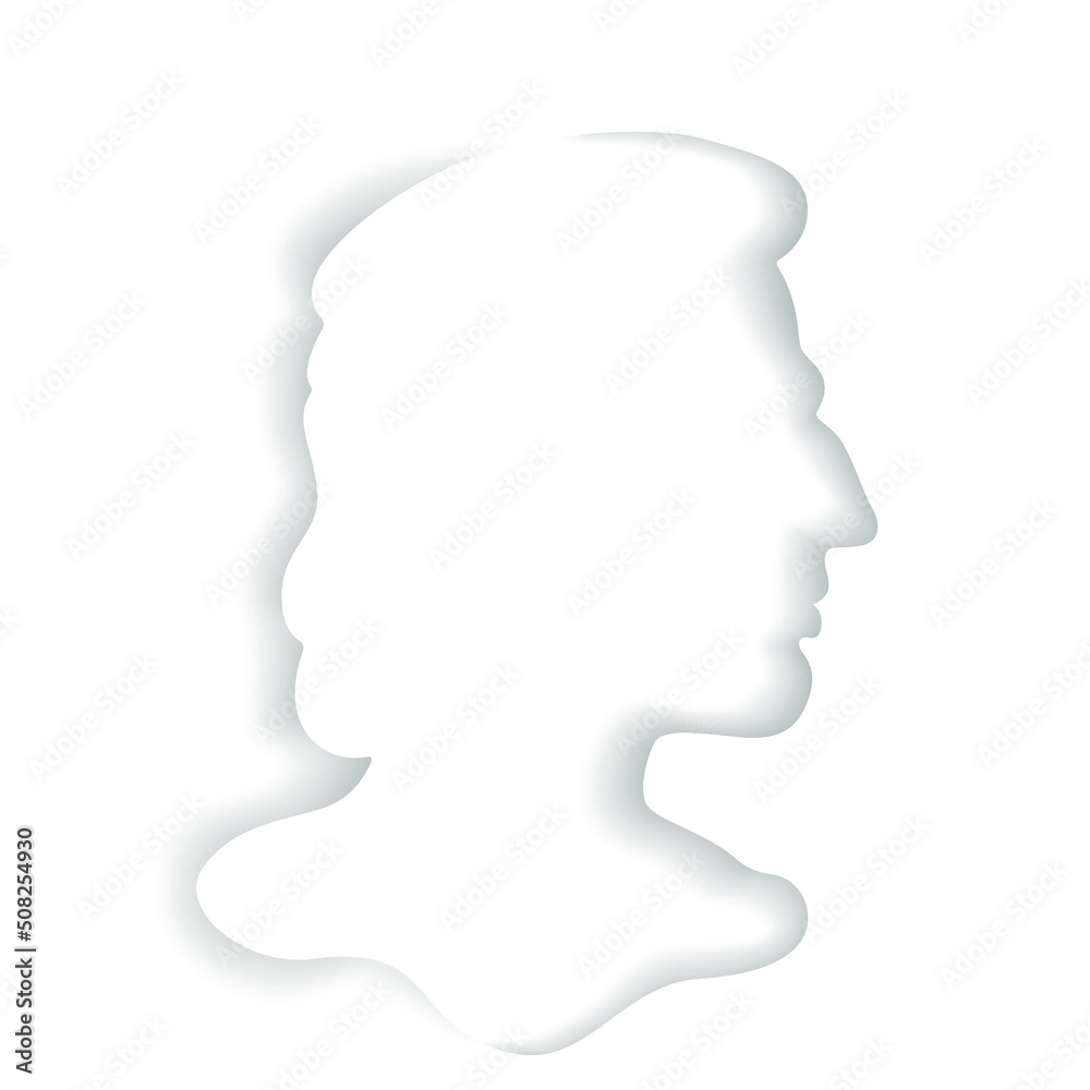 Paper cut style.Face silhouette.Portrait of a male character.Male face in profile.Origami silhouette.Artistic illustration of craft paper cut design.