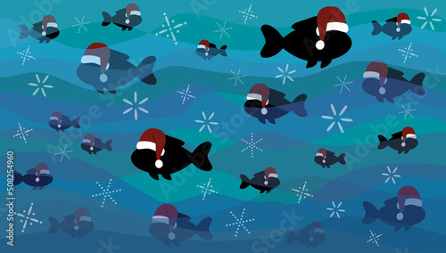 Abstract vector water waves with Christmas illustrtation background. Small color fish with hew year hat. Flat design style