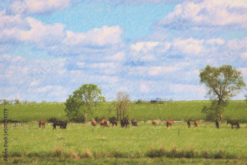 Digital color sketch of horses on a pasture, beautiful natural countryside landscape in Northern Germany