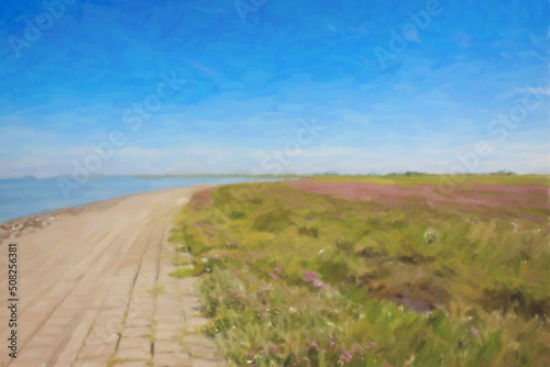 Scenic view of the national park wadden sea in Friesland, Germany, empty path along colorful blooming salt meadow, digital pastel painting for postcard, poster, art print etc. photo