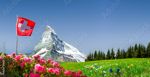 Schweizer Flagge mit Matterhorn und Bergwiese