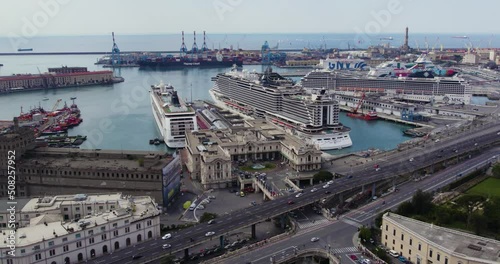 Cruise Ships at Boat Port on Coast of Genova, Italy - Aerial photo