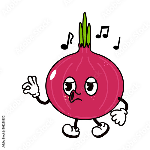 Cute funny red onion walking singing character. Vector hand drawn traditional cartoon vintage, retro, kawaii character illustration icon. Isolated on white background. Onion walk and sing character