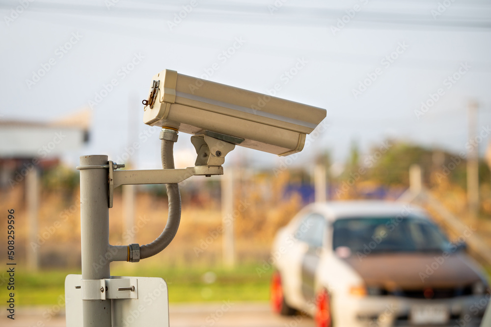 CCTV camera security at outdoor parking, close up