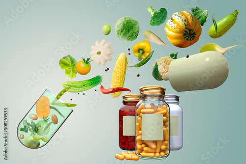 Two-component hard starch capsule and various  vegetables photo