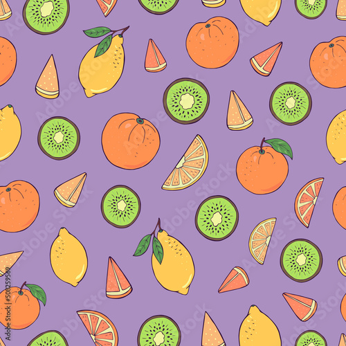 Fototapeta Naklejka Na Ścianę i Meble -  Seamless vector pattern of fruits and berries. Decoration print for wrapping, wallpaper, fabric, textile. Oranges, lemons, kiwi fruits.		