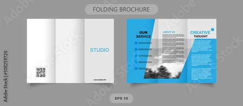 Template design of blue trifold brochure with polygons. Editable and light vector with places for photos. Proportionally A4