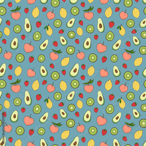 Seamless vector pattern of fruits and berries. Decoration print for wrapping, wallpaper, fabric, textile. 