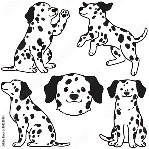 Set of outlined cute and simple Dalmatian Dog illustrations