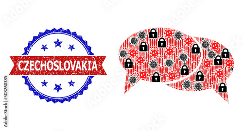 Vector sars virus collage chat messages icon, and bicolor unclean Czechoslovakia seal. Mosaic chat messages icon created with sars virus, lockdown, exclamation icons.