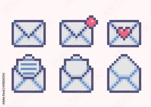 Postal envelope pixel art set. Mail wrapping, invitation card collection. Open and closed letter. 8 bit sprite. Game development, mobile app.  Isolated vector illustration.