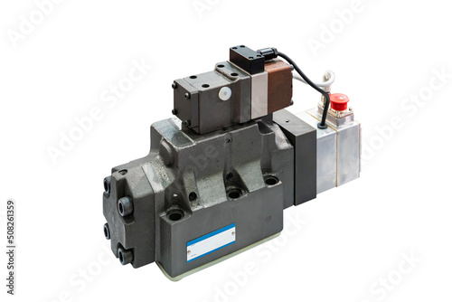 hydraulic electric solenoid valve for control flow or direction fluid hydraulic oil into hydraulic cylinder or motor isolated with clipping path photo