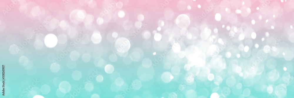 Pink and blue sparkling glitter bokeh background, banner texture. Abstract defocused lights header. Wide screen wallpaper. Panoramic web banner with copy space for design