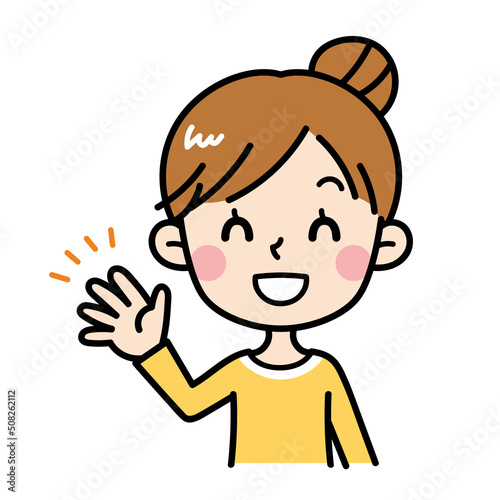 手を振る若い女性のイラスト　主婦　お母さん　素材　かわいい