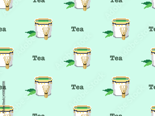 Tea cartoon character seamless pattern on green background. Pixel style.
