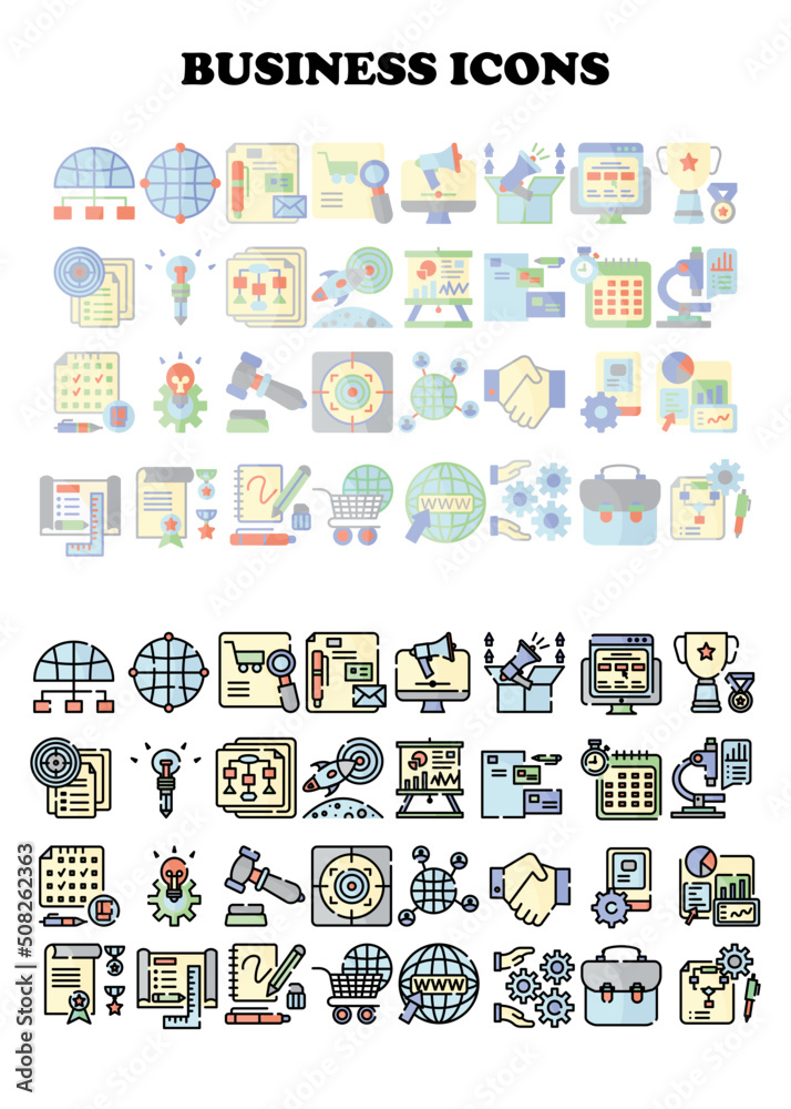 Set of business icons. Line and flat business icon set. Set of business icons. Line and flat business icon set.