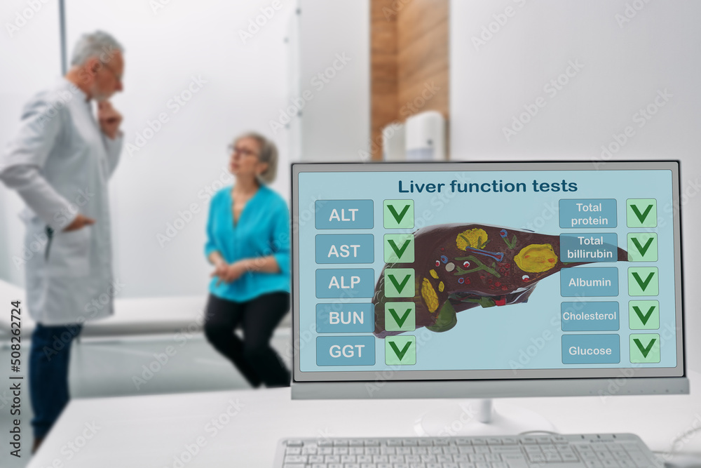 Human Liver Function Tests And Blood Tests On Monitor On Doctor S Table Human Liver Function Tests And Blood Tests On Monitor On Doctor S Table