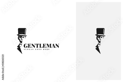 vintage gentleman mafia with fancy suit tuxedo and hat logo design in silhouette style