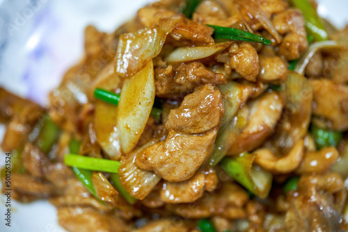 A delicious Chinese home-style dish, fried chicken thighs in Beijing green onion sauce © Steve